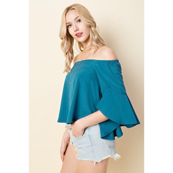 Women's Off Shoulder Buttoned Asymmetrical Bell Sleeve Top with Elastic Band - Picture 6 of 10